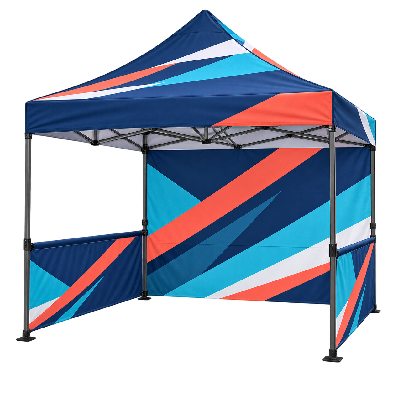 10x10 custom logo tent with one full printed backwall and two printed half-height sidewalls