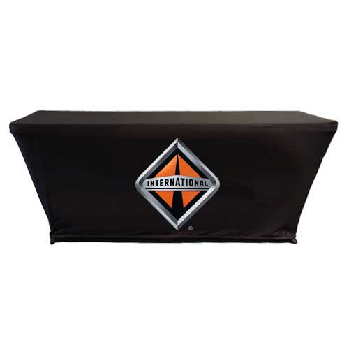 Black custom stretch table cover with professionally printed logo