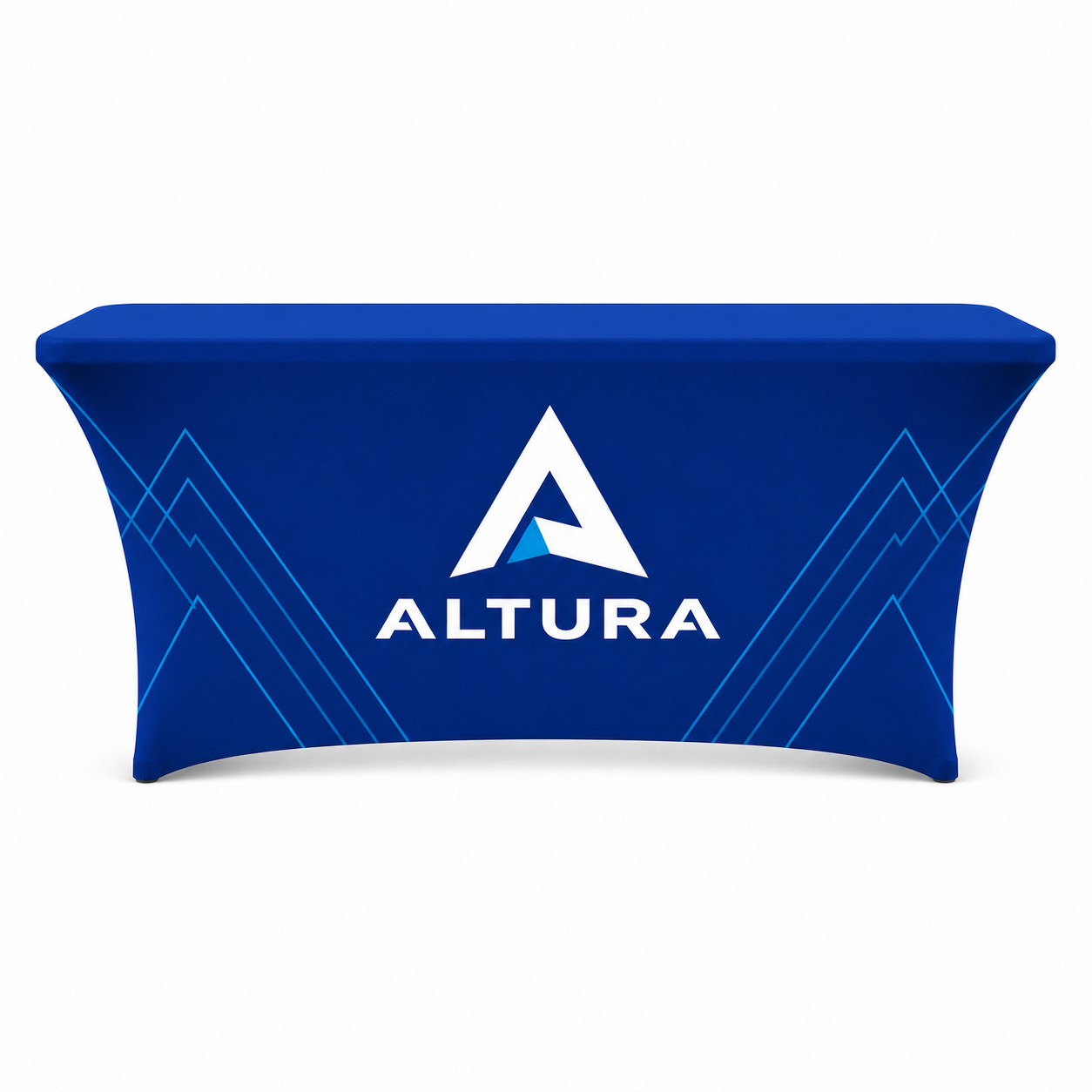 Custom 6ft stretch fitted table cover with logo, front view on white background