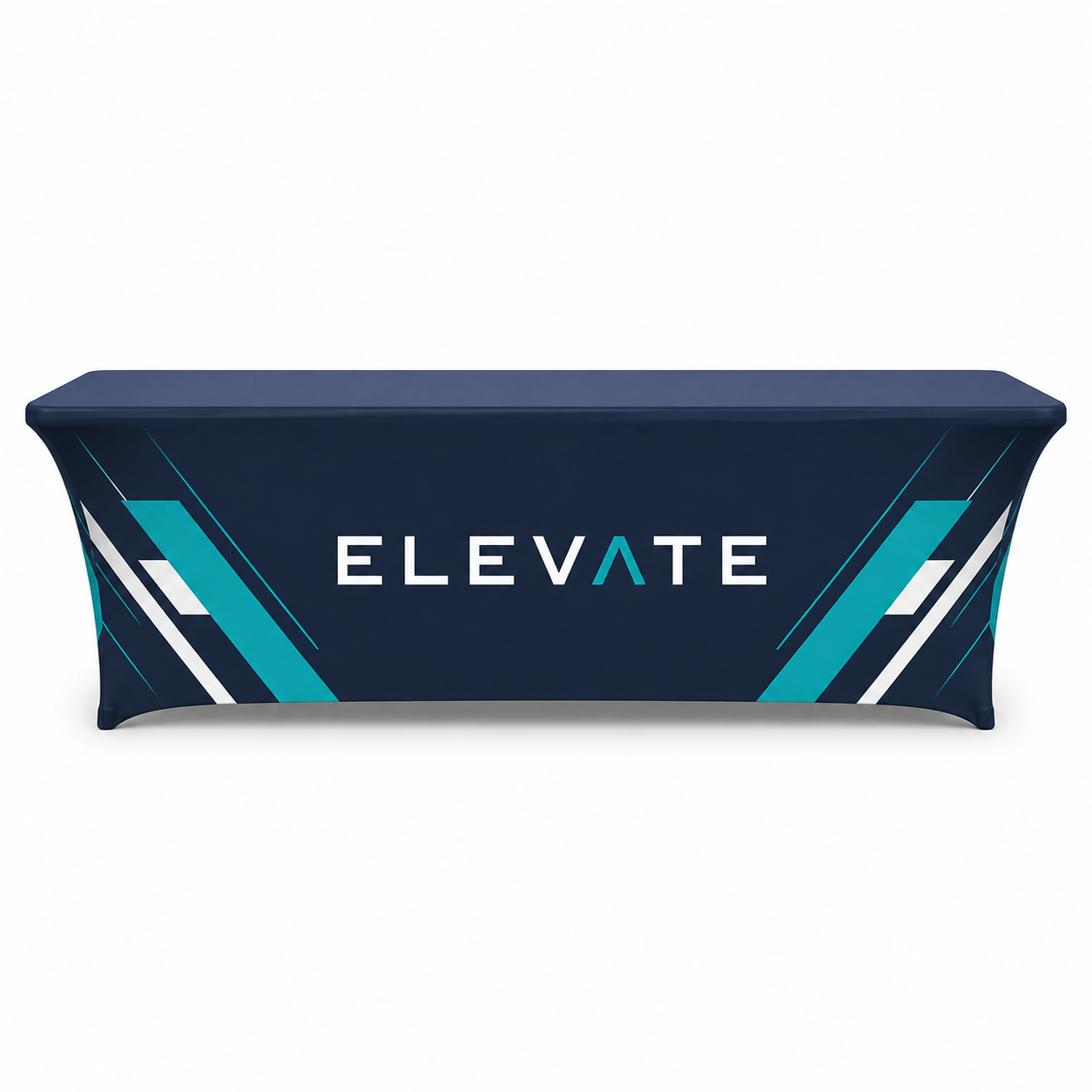 Custom 8ft stretch fitted table cover with logo, front view on white background