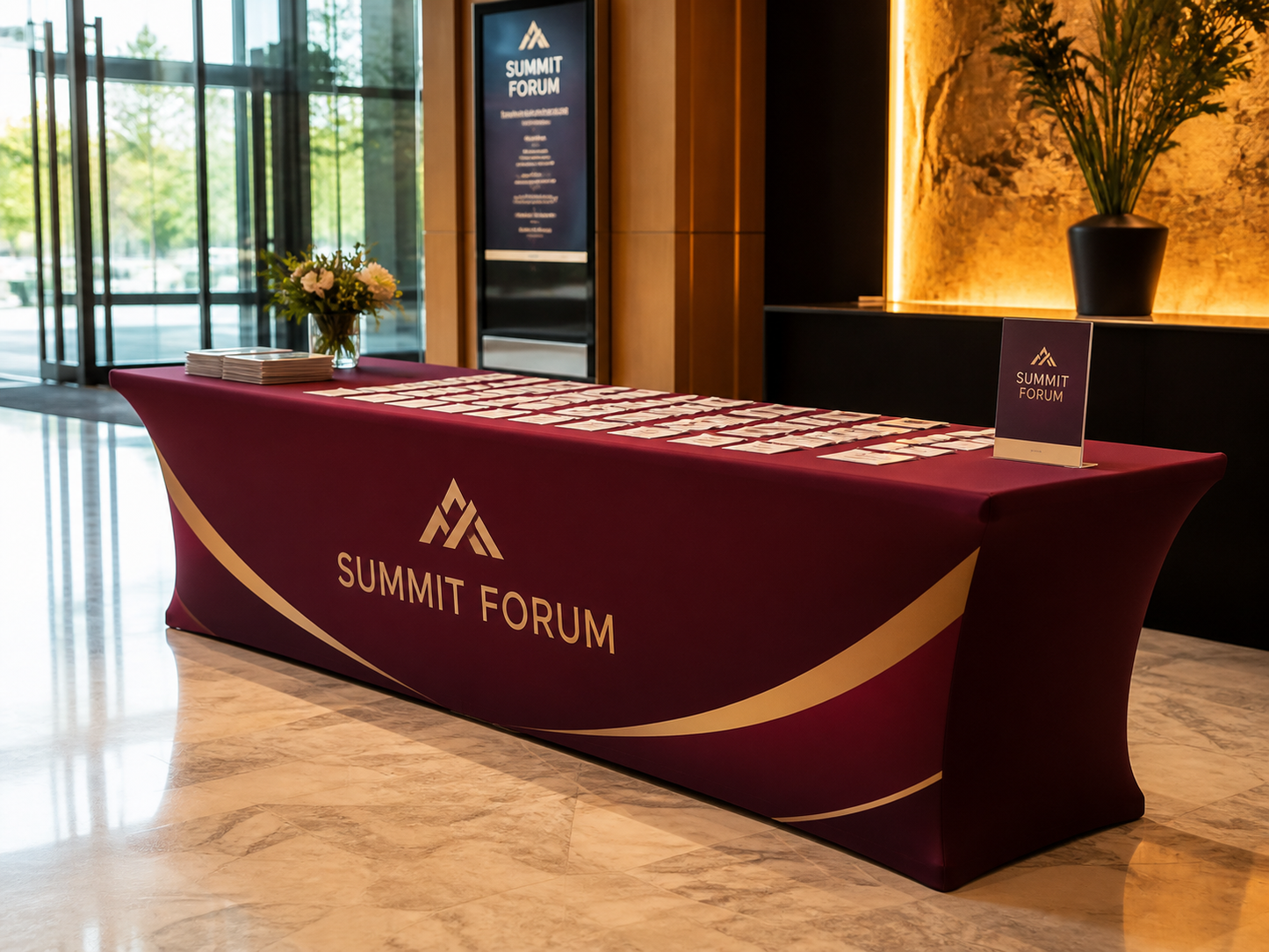Custom 8ft stretch fitted table cover at a corporate conference registration area