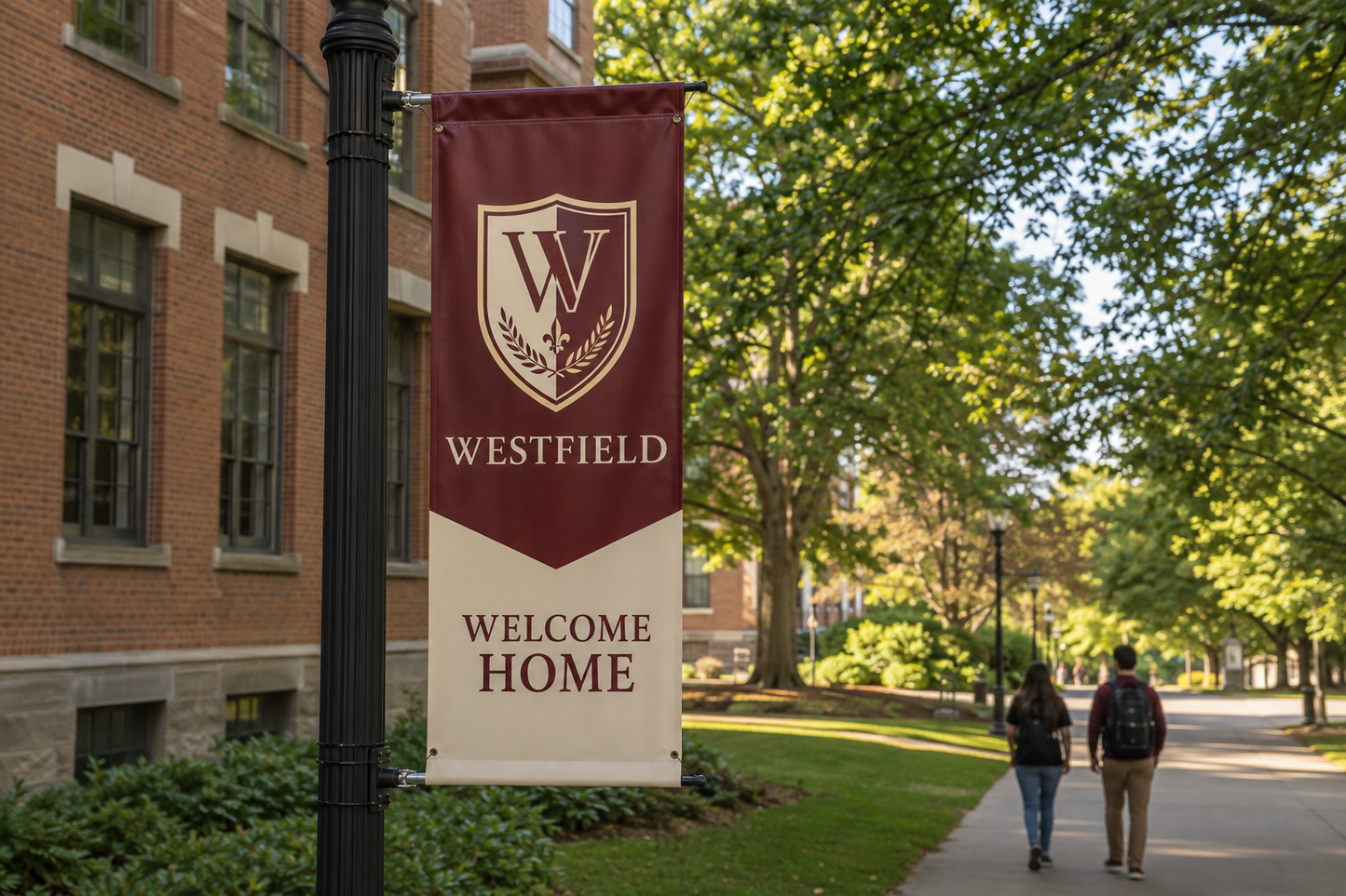 School campus light pole banner with welcome message