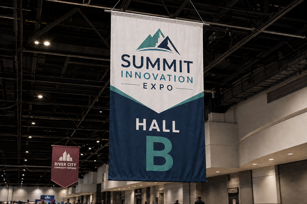 Custom rectangular and pointed pennant hanging banners at an indoor exhibition