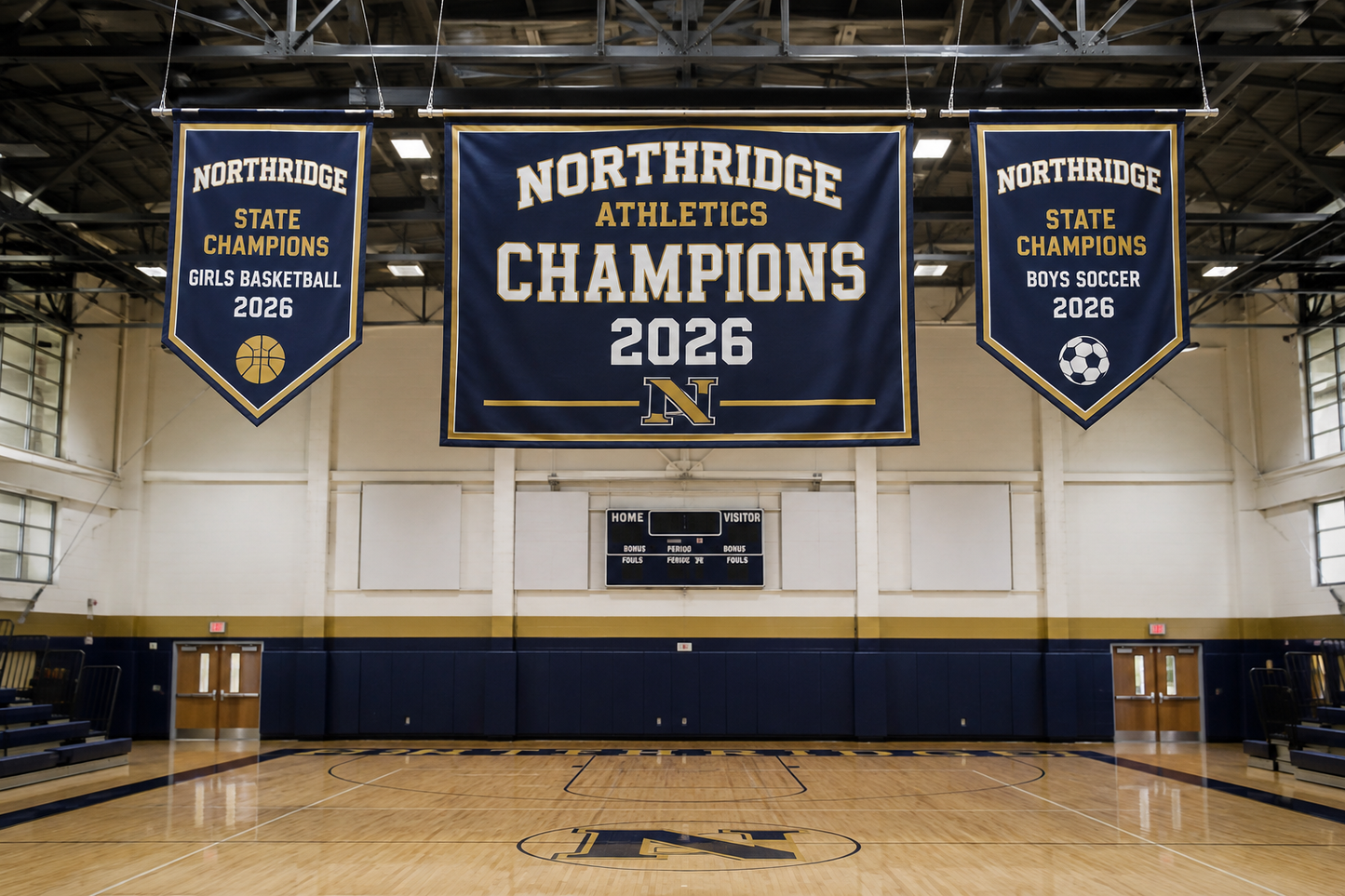 Custom championship rafter banners in a school gym