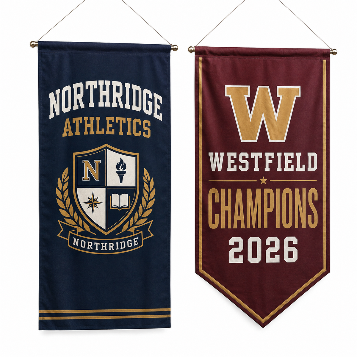 Rectangular and pennant custom rafter hanging banner design examples
