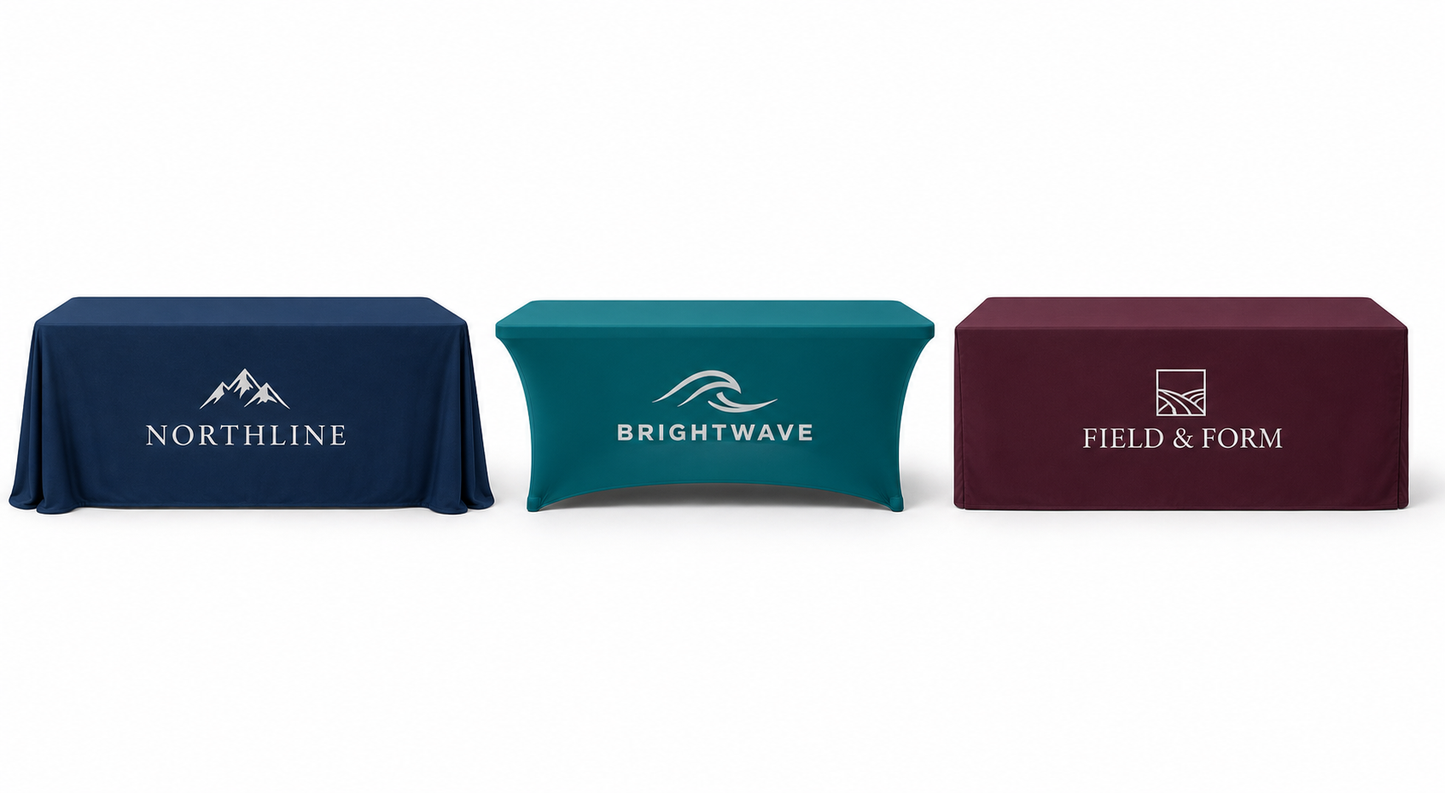 Three custom table cover styles: non-fitted throw, stretch fitted and non-stretch fitted