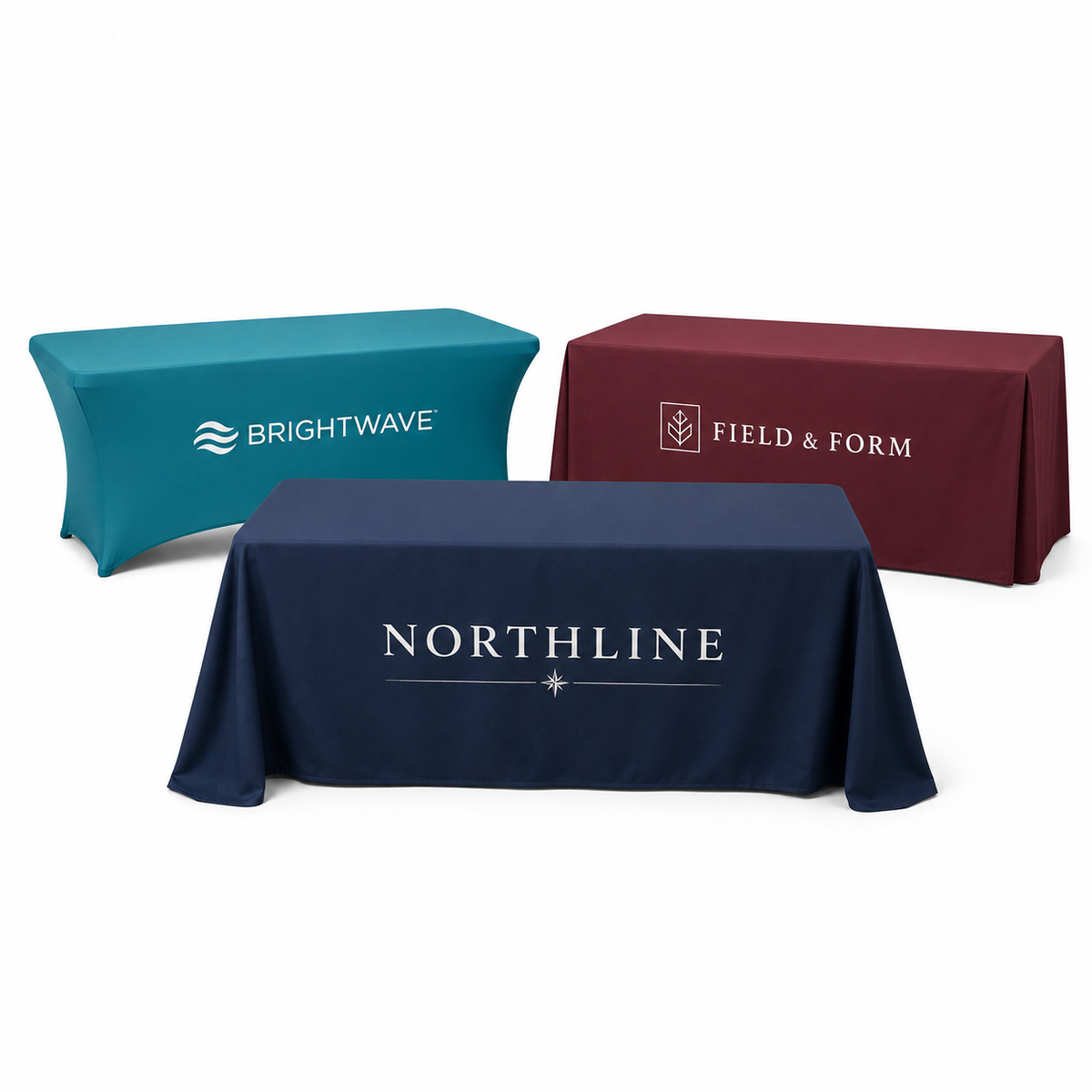 Three custom table cover styles on a white background: non-fitted throw, stretch fitted and fitted non-stretch