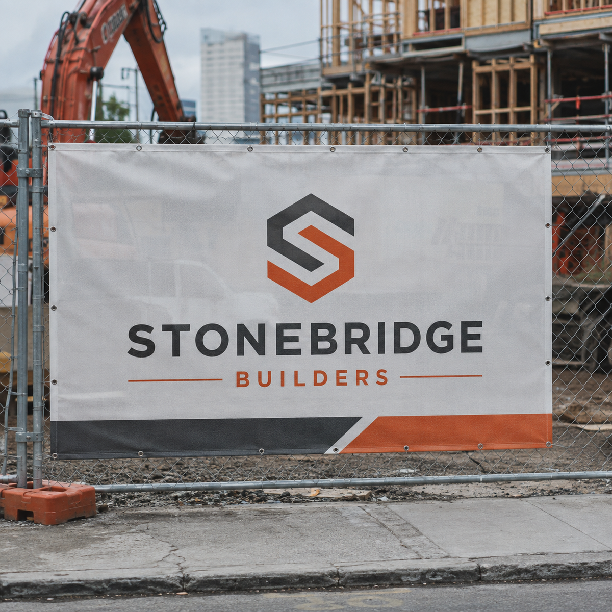 Custom mesh construction fence banner with contractor branding