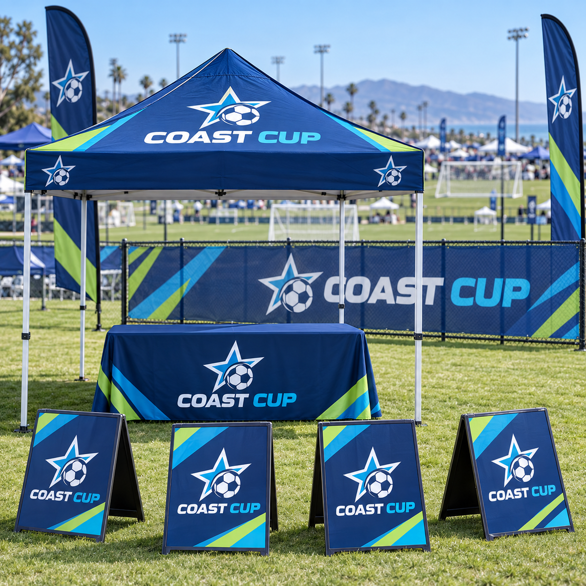 Sports Tournament Sponsor Display Package shown with fictional Coast Cup branding