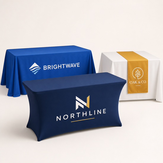 Custom stretch table cover, traditional table throw and logo table runner with fictional branding