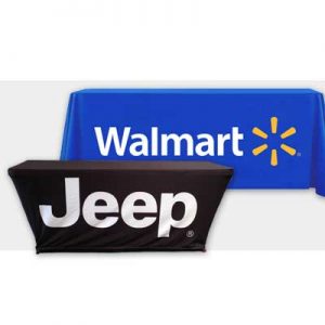 Custom printed table covers featuring Jeep and Walmart branding