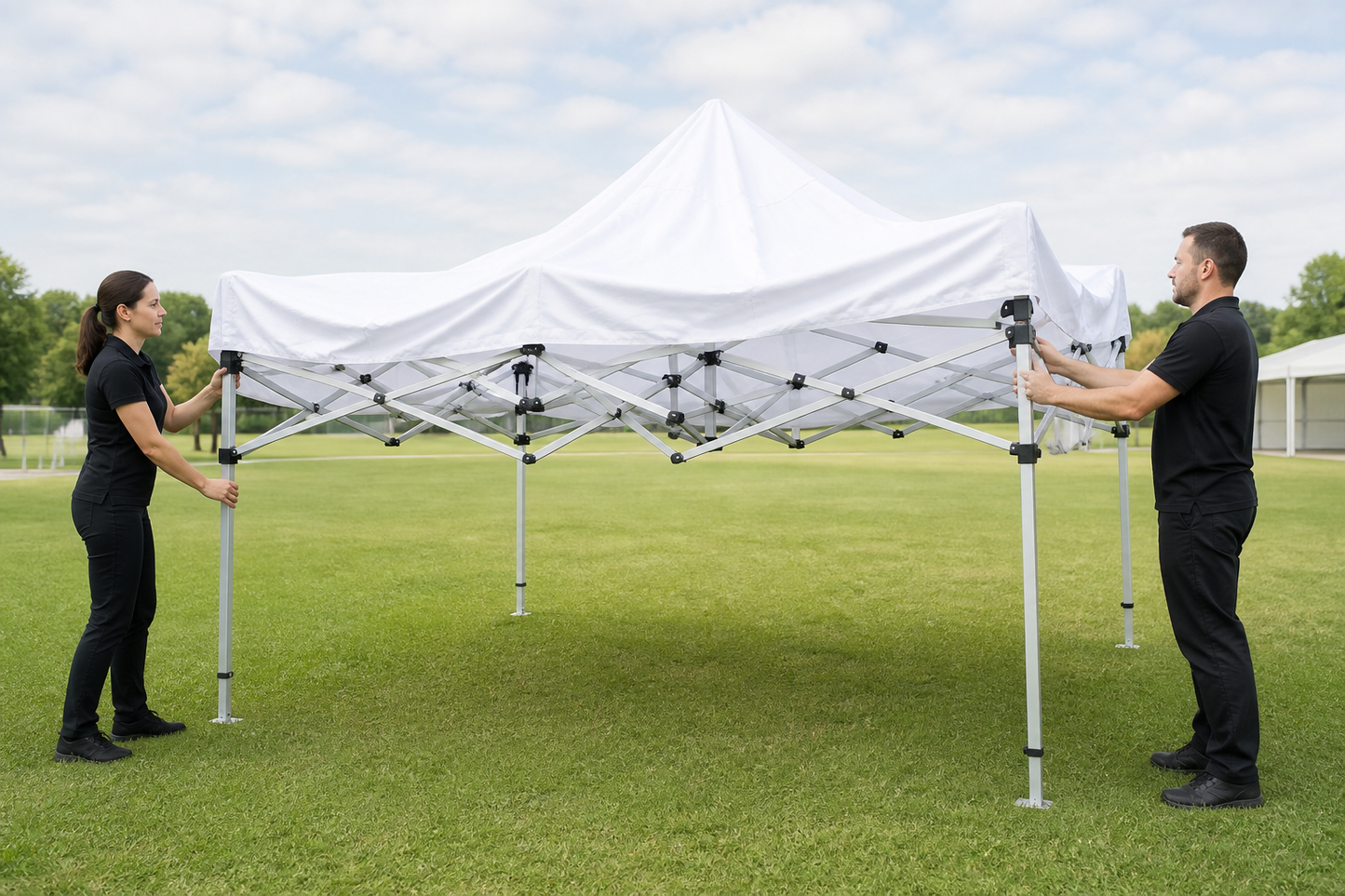 Two people expanding a commercial 10x10 pop-up canopy frame