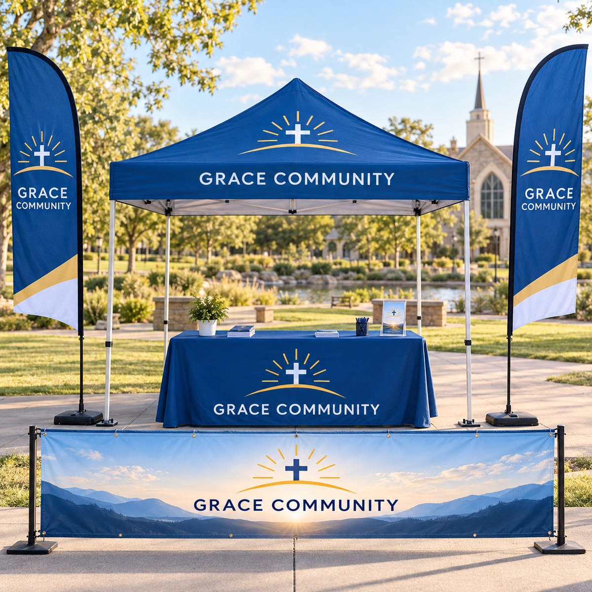 Church Outreach Event Display Package shown with fictional Grace Community branding