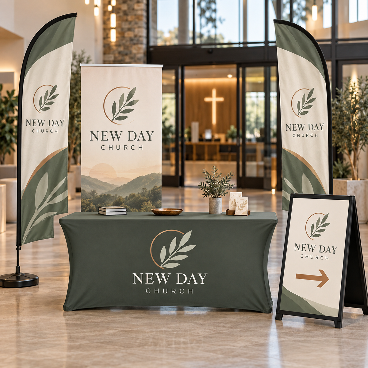 Church Welcome & Information Display Kit shown with fictional New Day Church branding