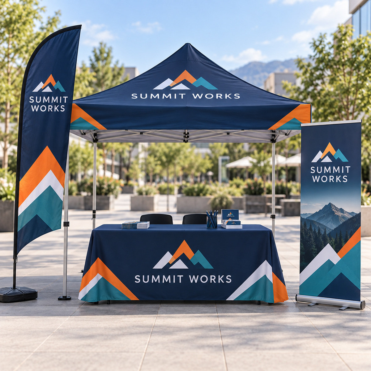 Complete 10×10 Custom Event Booth Package shown with fictional Summit Works branding
