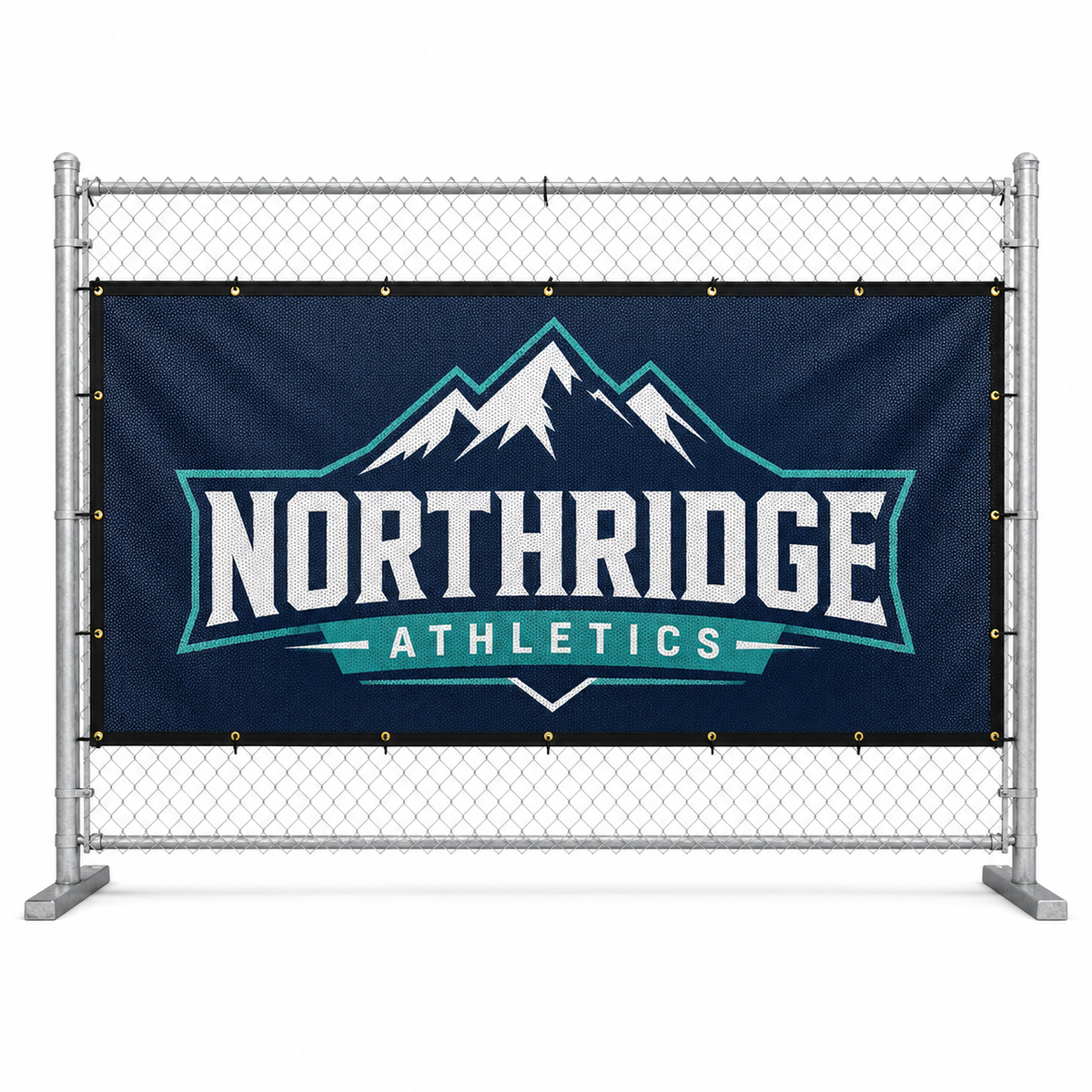 Custom mesh fence banner with logo mounted on chain-link fence