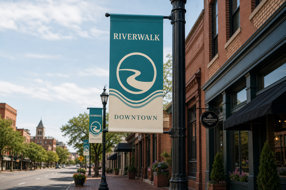 Custom downtown street pole banners with community branding