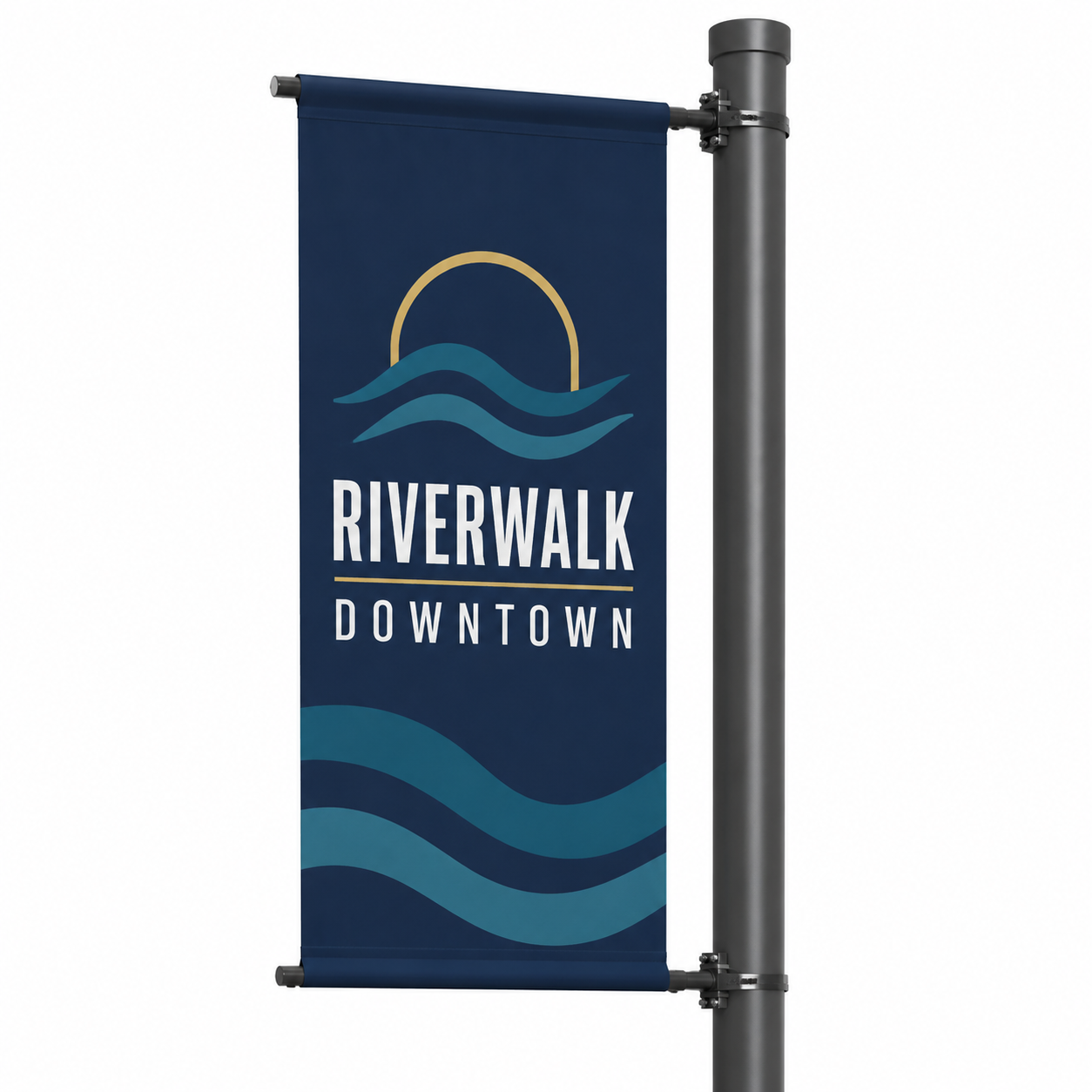 Custom double-sided pole banner shown with optional bracket hardware on a white background