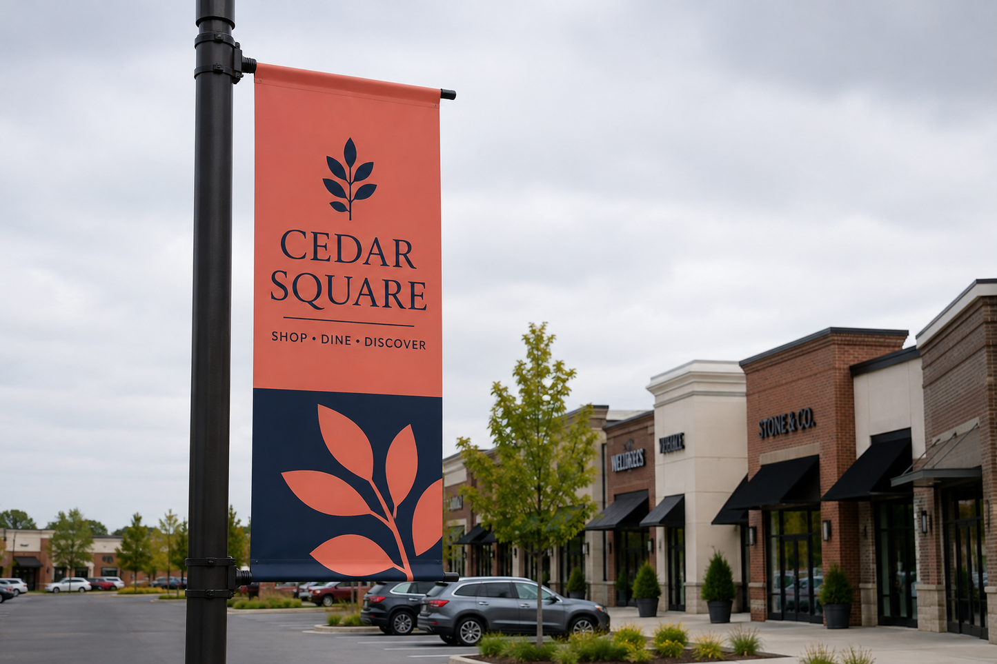 Custom retail pole banner at a shopping center