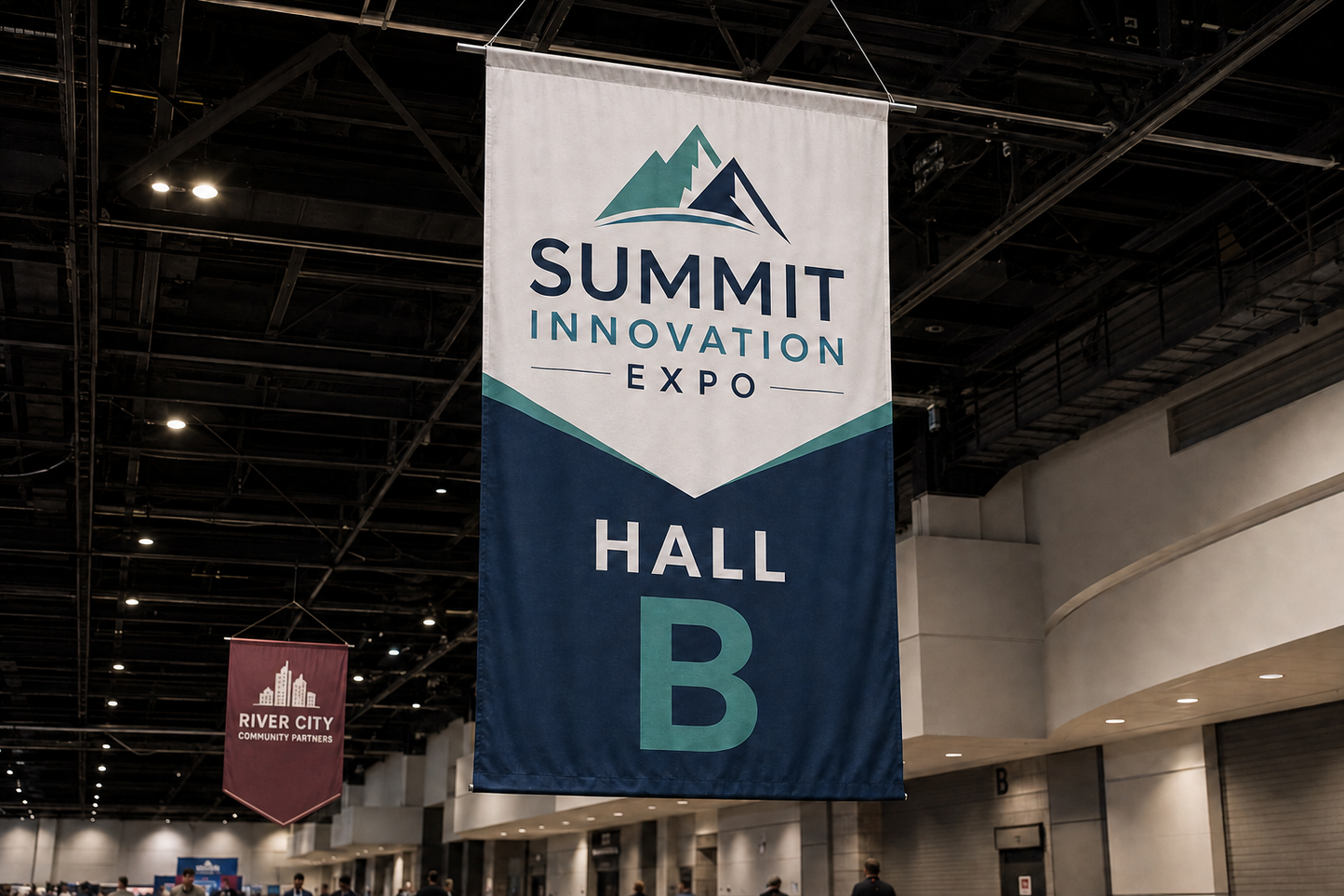 Custom rectangular and pointed pennant hanging banners at an indoor exhibition