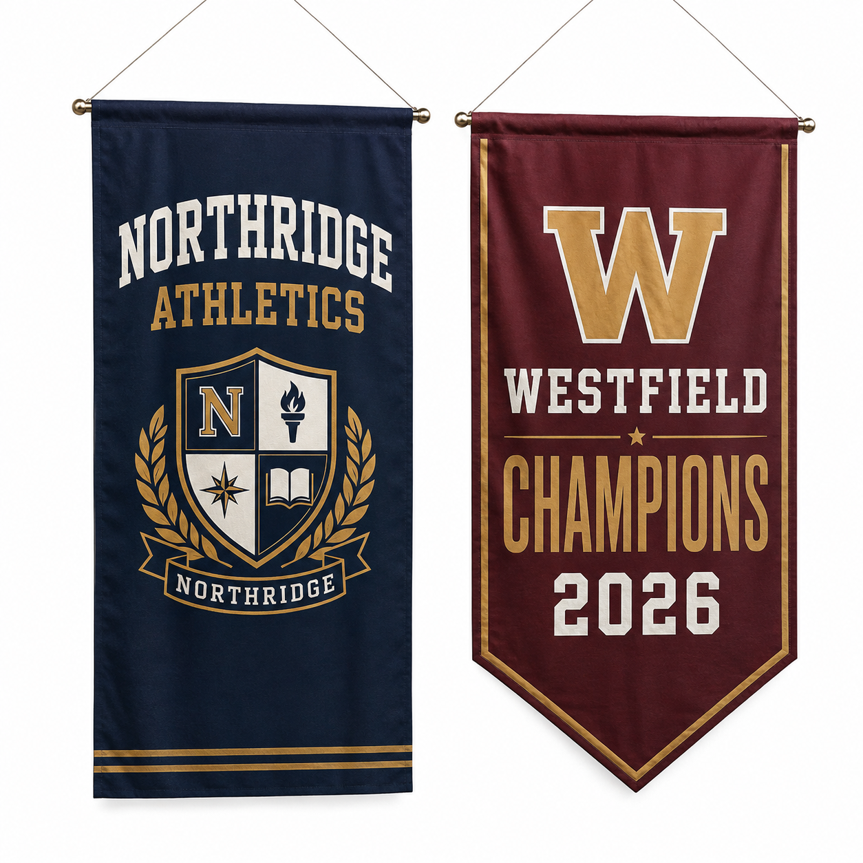 Rectangular and pennant custom rafter hanging banner design examples