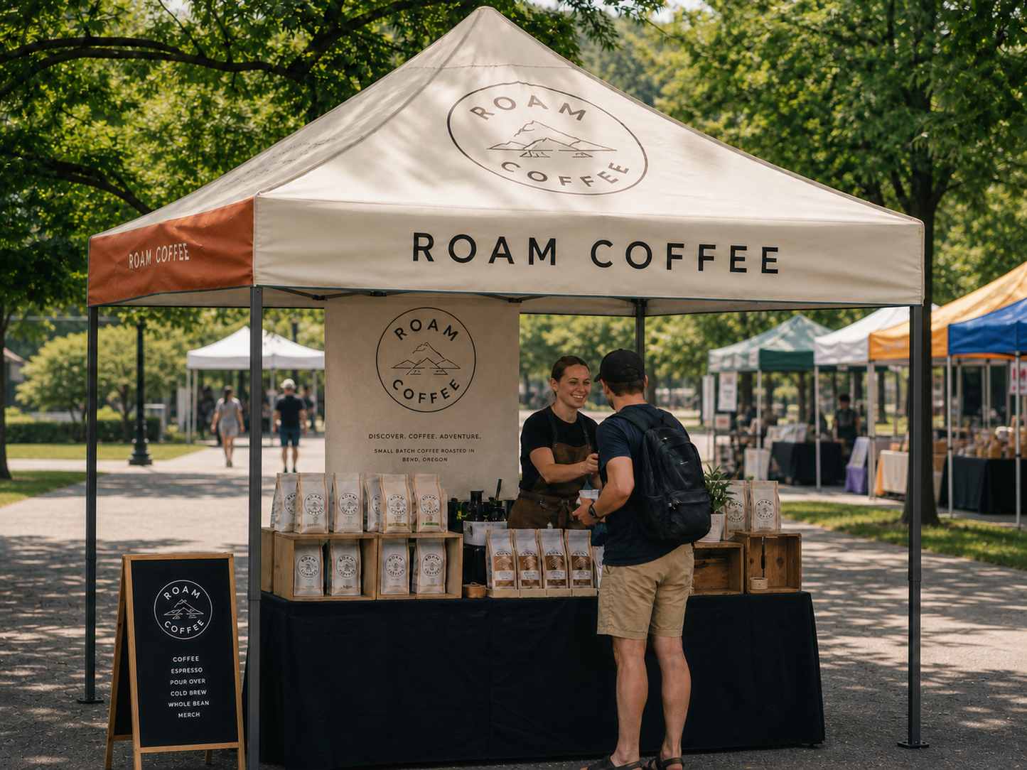 Custom 10x10 vendor tent at an outdoor farmers market
