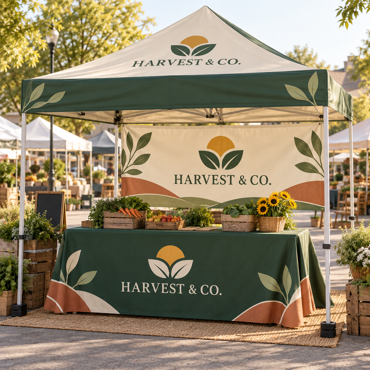 Farmers Market Vendor Booth Package – Custom Tent, Cover & Banner shown with fictional Harvest & Co. branding
