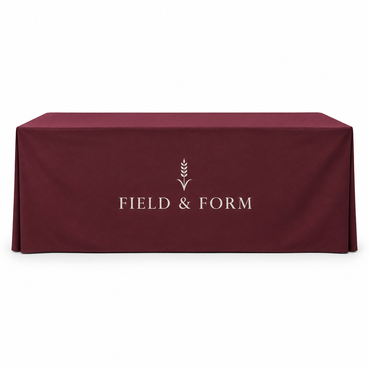 Front view of burgundy fitted non-stretch custom table cover with tailored sewn corners