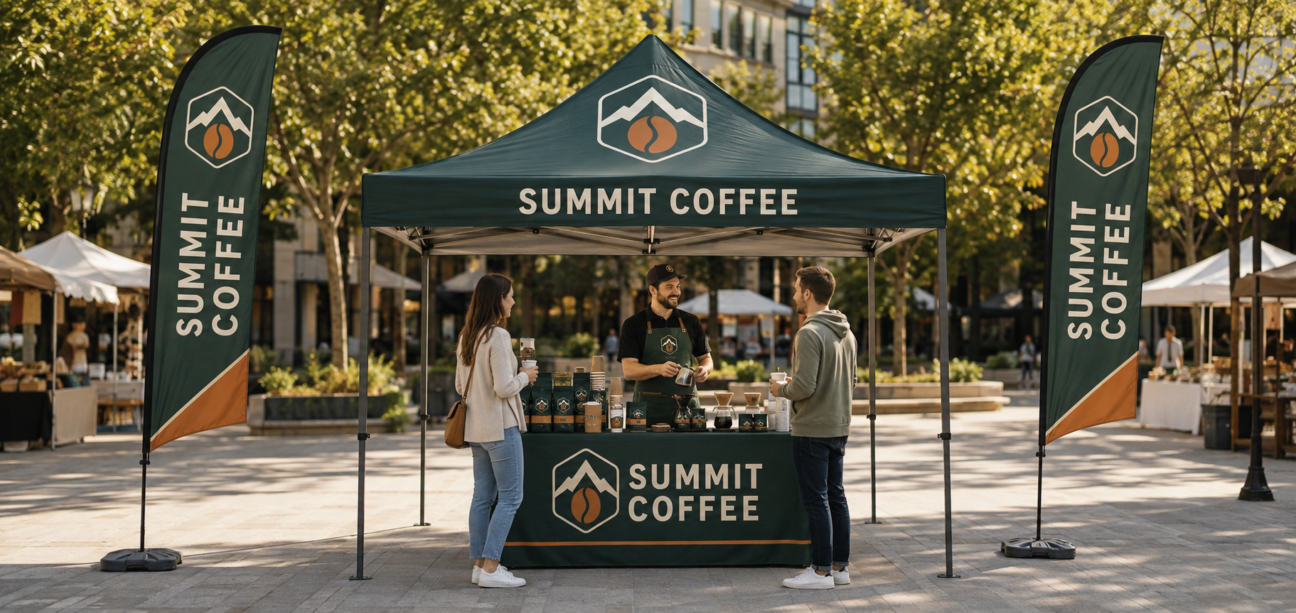 SUMMIT COFFEE branded logo tent, feather flags and table cover