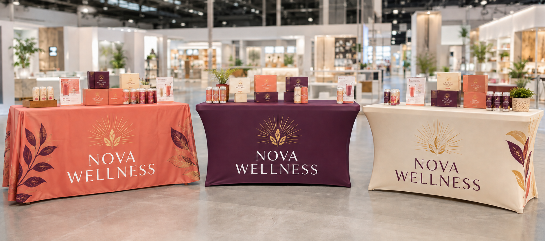 NOVA WELLNESS custom throw, stretch and fitted table covers at a trade show