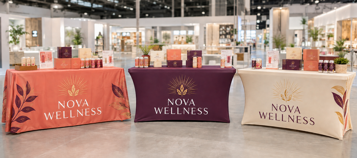 NOVA WELLNESS custom throw, stretch and fitted table covers at a trade show