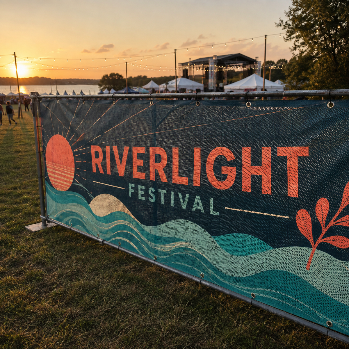 Custom mesh perimeter banner at an outdoor festival