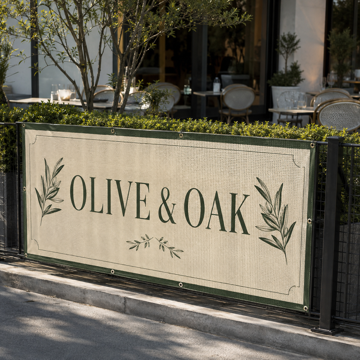 Custom printed mesh privacy banner around a restaurant patio