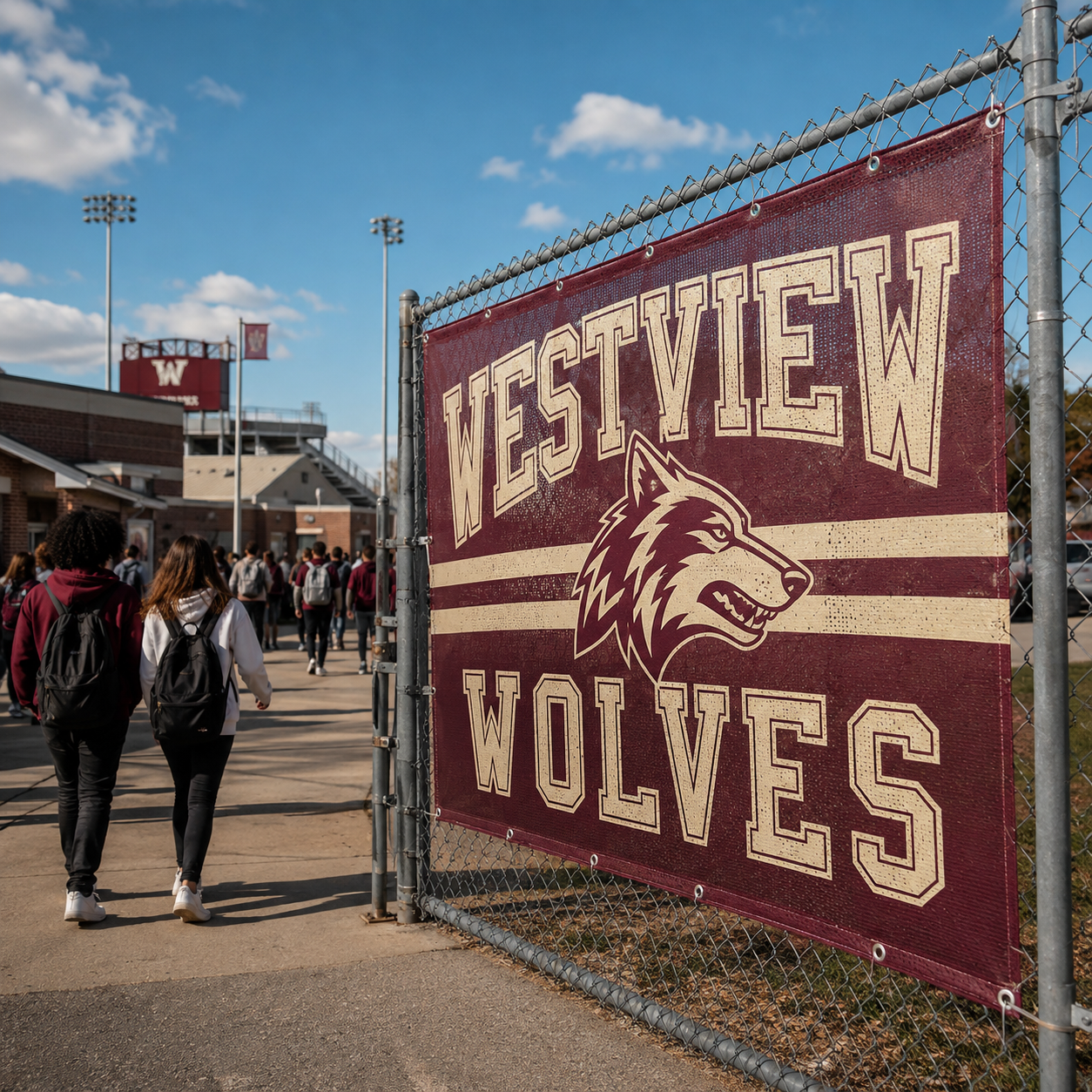 Custom school athletics mesh banner on stadium fencing