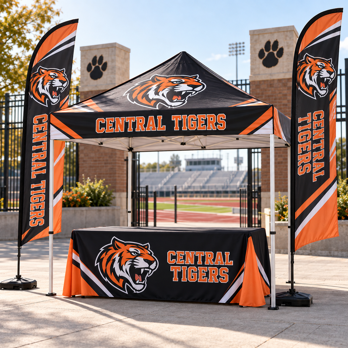 Custom School Team Event Package – Tent, Cover & Flags shown with fictional Central Tigers branding