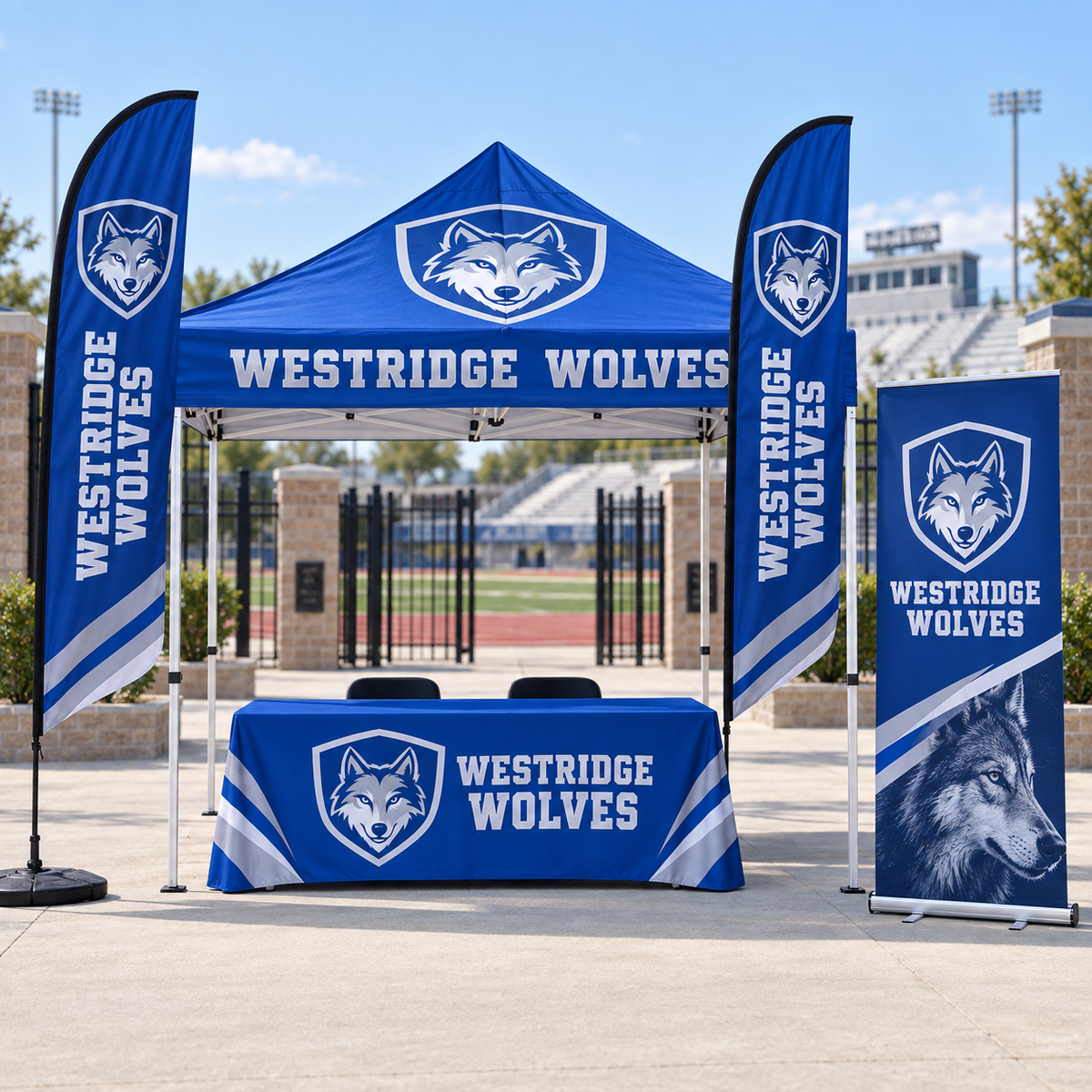 School & University Event Display Kit shown with fictional Westridge Wolves branding